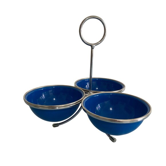 MCM Style Blue Triple Bowl Serving Set With Metal Stand - Picture 1 of 6